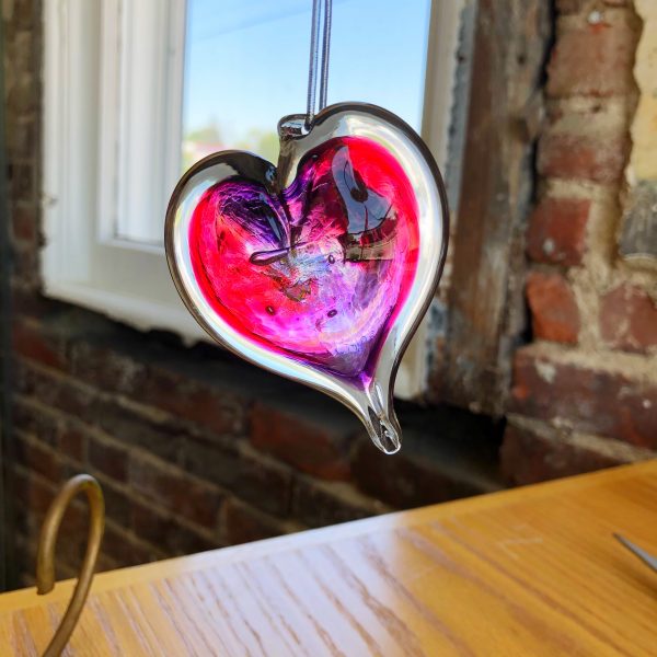 7 Hand Blown Hanging Glass Hearts 2.5 Pink Brown Red Blue Purple Green  Clear